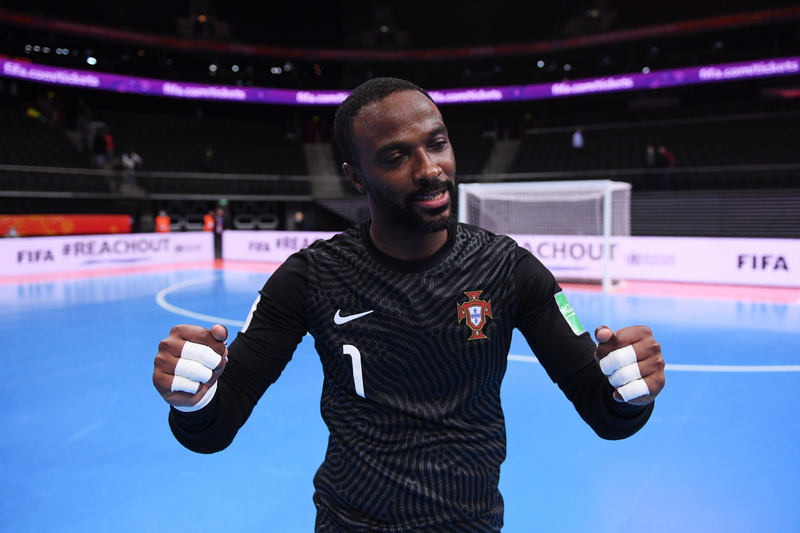 KAUNAS, LITHUANIA - SEPTEMBER 30: Bebe of Portugal celebrates their team's victory on penalties after the shootout in the FIFA Futsal World Cup 2021 Semi-Final match between Portugal and Kazakhstan at Kaunas Arena on September 30, 2021 in Kaunas, Lithuania. (Photo by Alex Caparros - FIFA/FIFA via Getty Images)