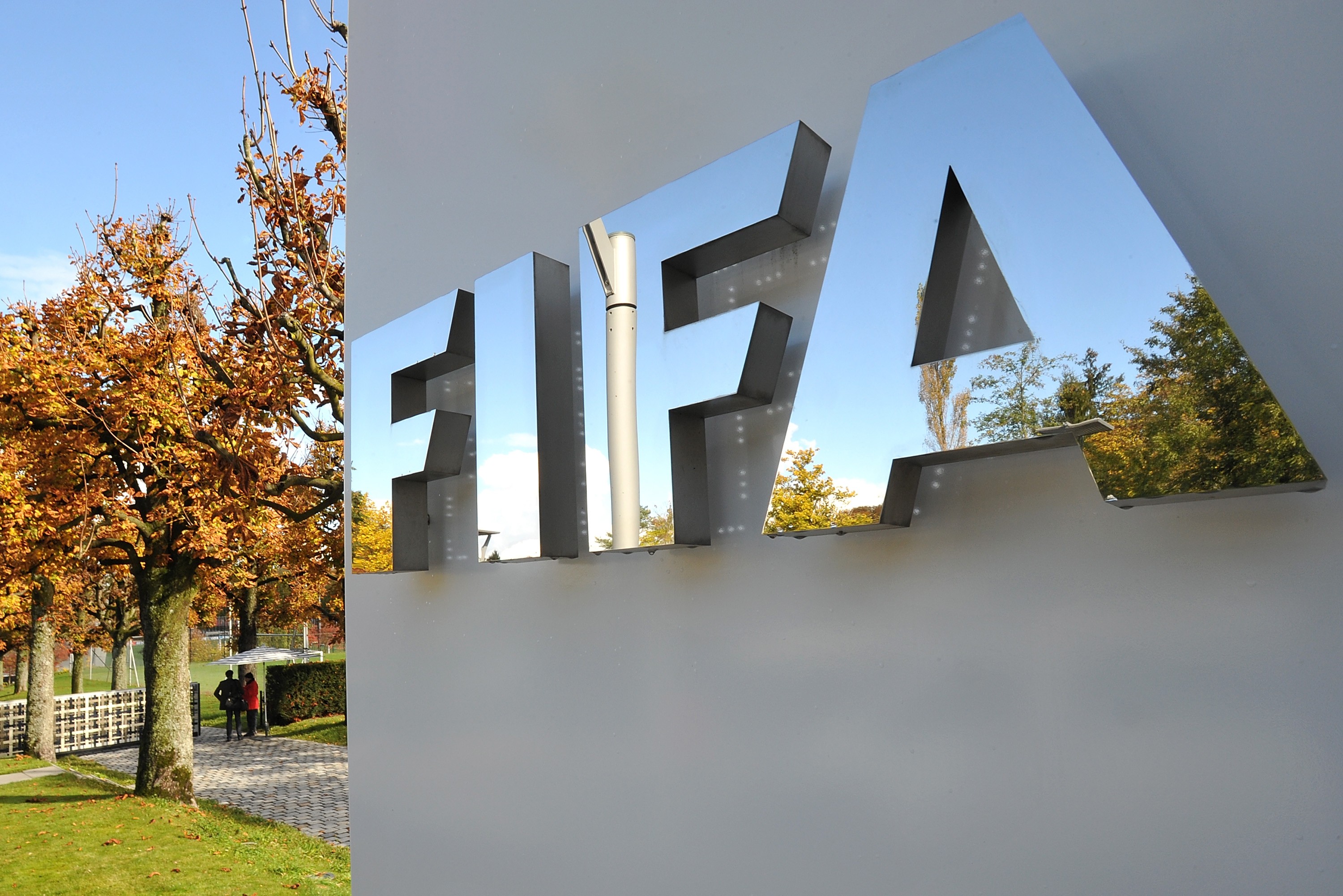 The FIFA logo is seen outside the FIFA headquarters