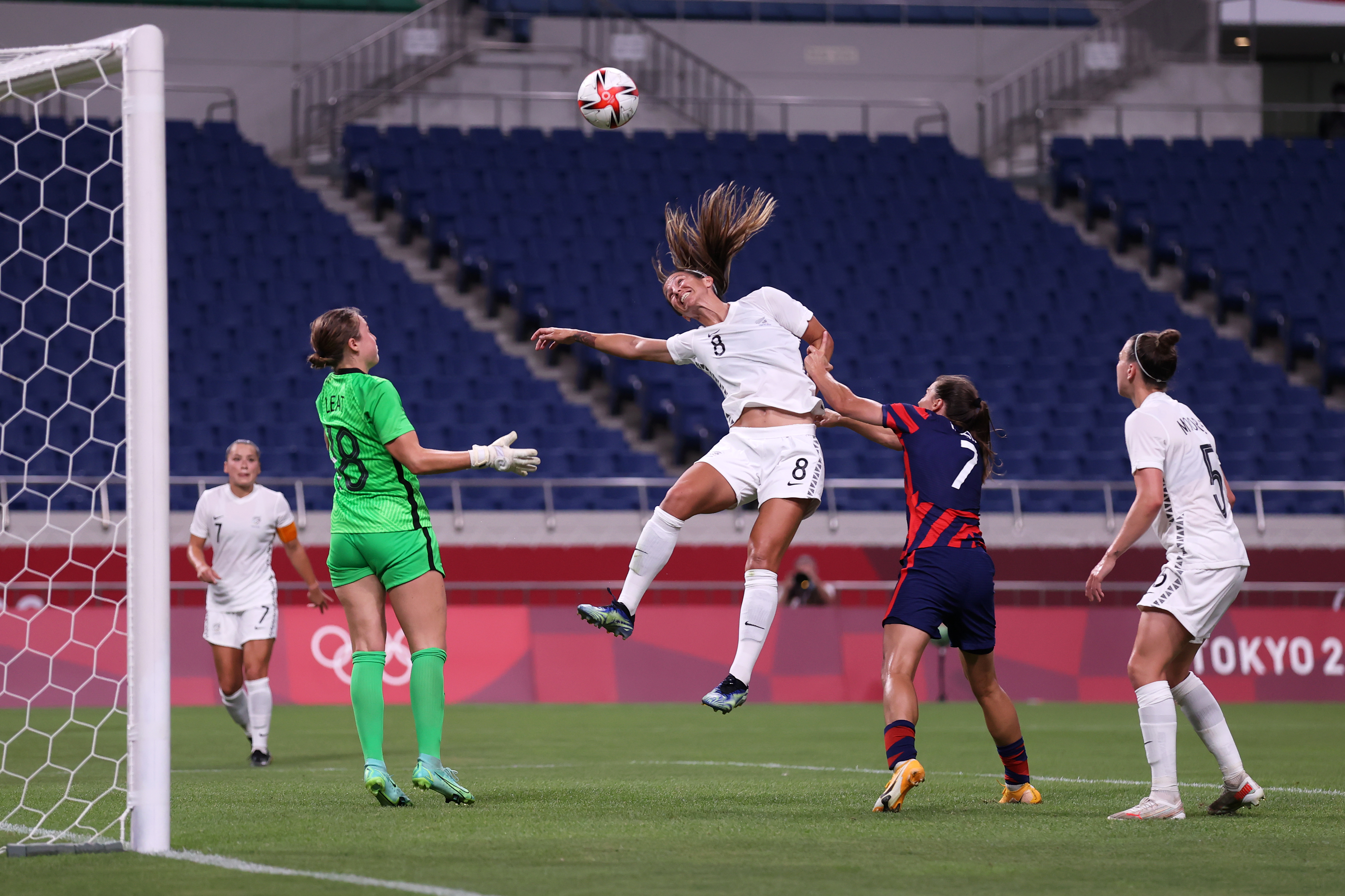 SAITAMA, JAPAN - JULY 24: Abby Erceg #8 of Team New Zealand scores an own goal during the Women's First Round Group G match between New Zealand and United States on day one of the Tokyo 2020 Olympic Games at Saitama Stadium on July 24, 2021 in Saitama, Japan. (Photo by Alex Grimm - FIFA/FIFA via Getty Images)