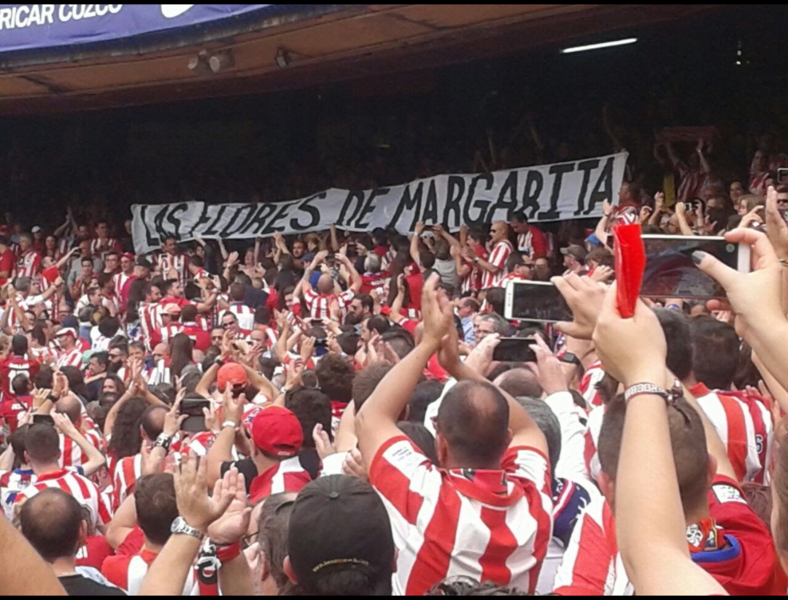 A banner pays tribute to Margarita Luengo, an Atlético de Madrid fan 