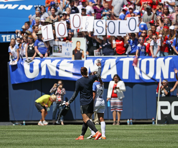 Hope Solo #1 of the United States waves to the crowd