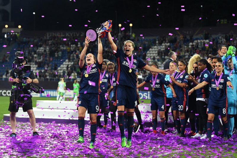 Eugenie Le Sommer and Ada Hegerberg of Lyon celebrate