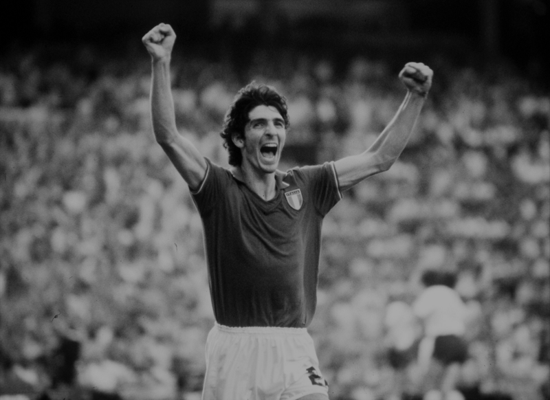 1982 World Cup Final, Madrid, Spain, 11th July, 1982, Italy 3 v West Germany 1, Italy's Paolo Rossi celebrates after scoring the opening goal in the World Cup Final (Photo by Bob Thomas Sports Photography via Getty Images)