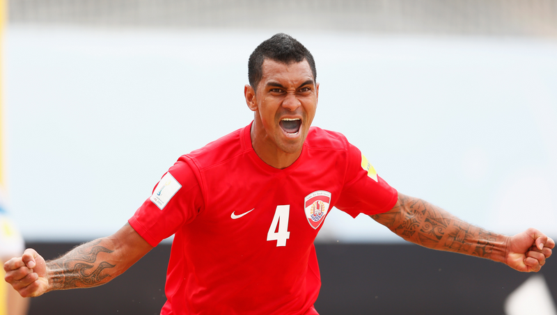 ESPINHO, PORTUGAL - JULY 14:  Heimanu Taiarui of Tahiti celebrates scoring a goal during the Group D FIFA Beach Soccer World Cup match between Russia and Tahiti held at Espinho Stadium on July 14, 2015 in Espinho, Portugal.  (Photo by Dean Mouhtaropoulos - FIFA/FIFA via Getty Images)