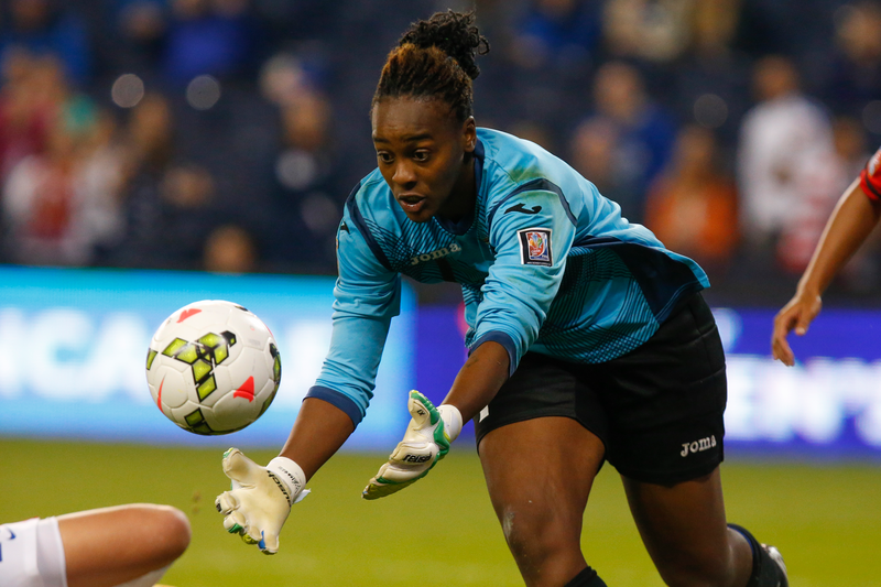 Kimika Forbes #1 of Trinidad & Tobago gathers a shot on goal by United States early in the first half of the CONCACAF Women's Championship USA 2014 on October 15, 2014 at Sporting Park in Kansas City, Kansas. (Photo by Kyle Rivas/Getty Images)