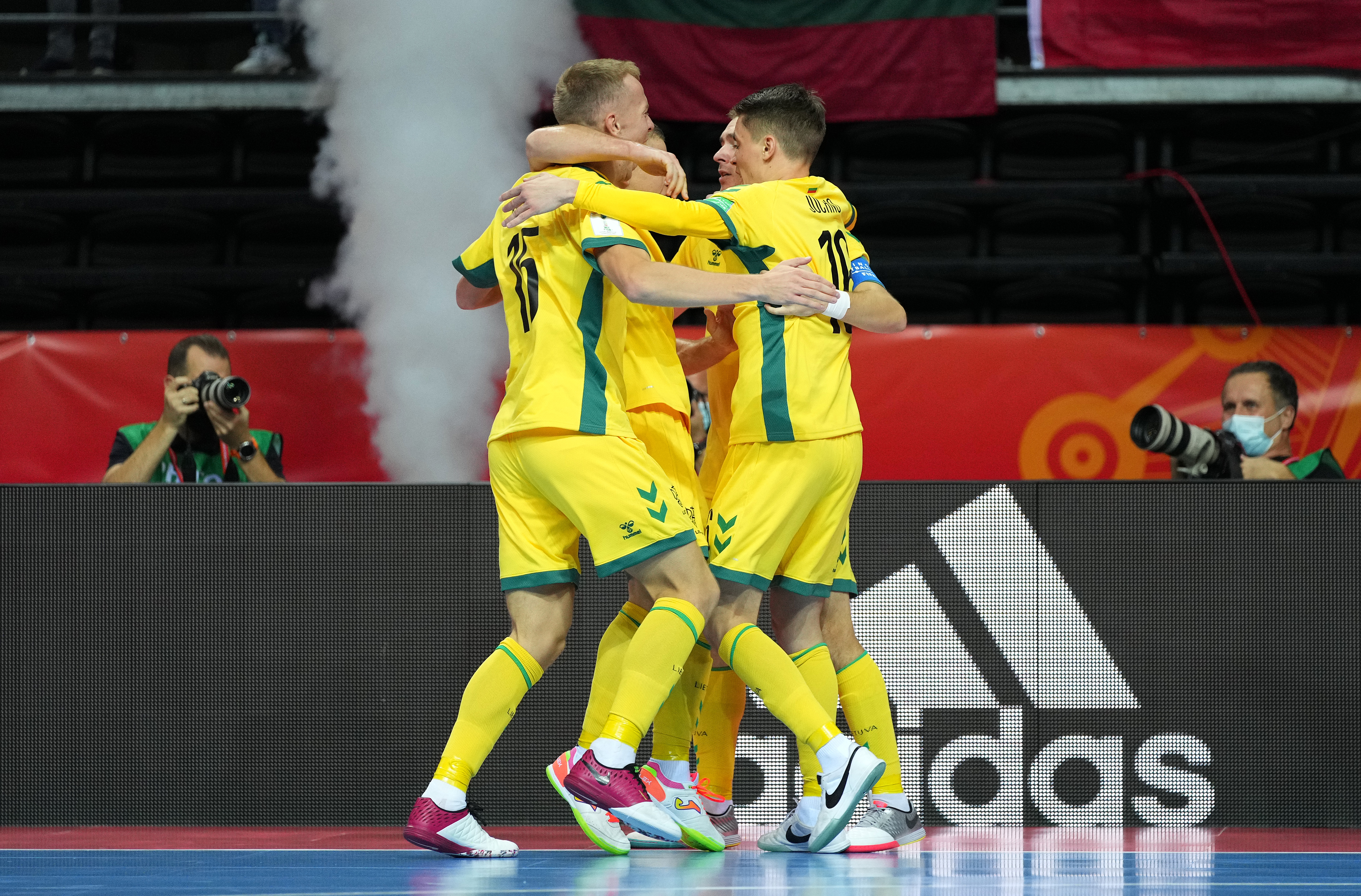 KAUNAS, LITHUANIA - SEPTEMBER 12: Justinas Zagurskas of Lithuania celebrates scoring during the FIFA Futsal World Cup 2021 group A match between Lithuania and Venezuela at Kaunas Arena on September 12, 2021 in Kaunas, Lithuania.  (Photo by Angel Martinez - FIFA/FIFA via Getty Images)