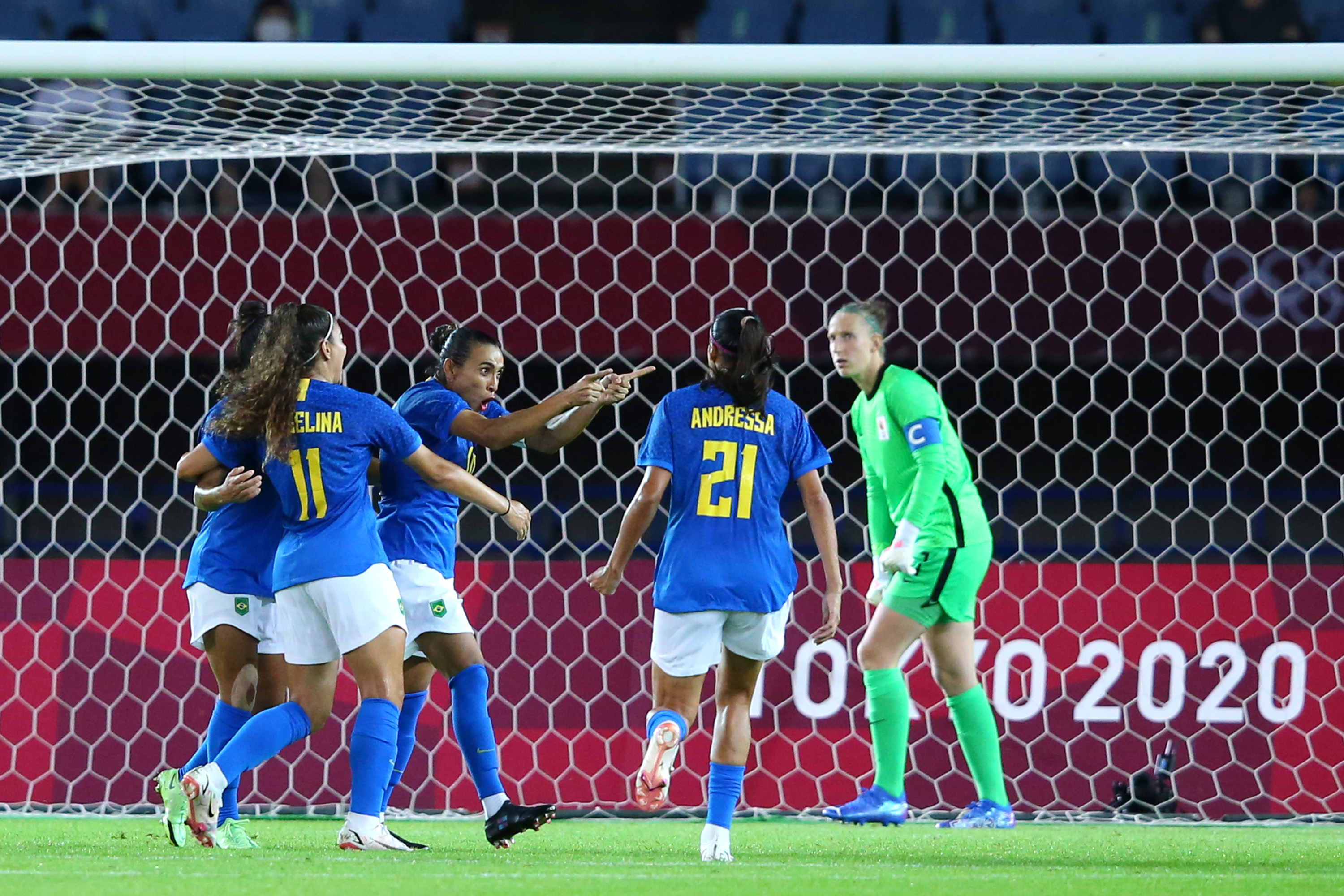 RIFU, MIYAGI, JAPAN - JULY 24: Marta #10 of Team Brazil celebrates after scoring their side's second goal during the Women's First Round Group F match between Netherlands and Brazil on day one of the Tokyo 2020 Olympic Games at Miyagi Stadium on July 24, 2021 in Rifu, Miyagi, Japan. (Photo by Alex Livesey - FIFA/FIFA via Getty Images)