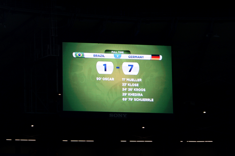 A big screen displays the final score line after the 2014 FIFA World Cup Brazil Semi Final match between Brazil and Germany at Estadio Mineirao on July 8, 2014 in Belo Horizonte, Brazil.