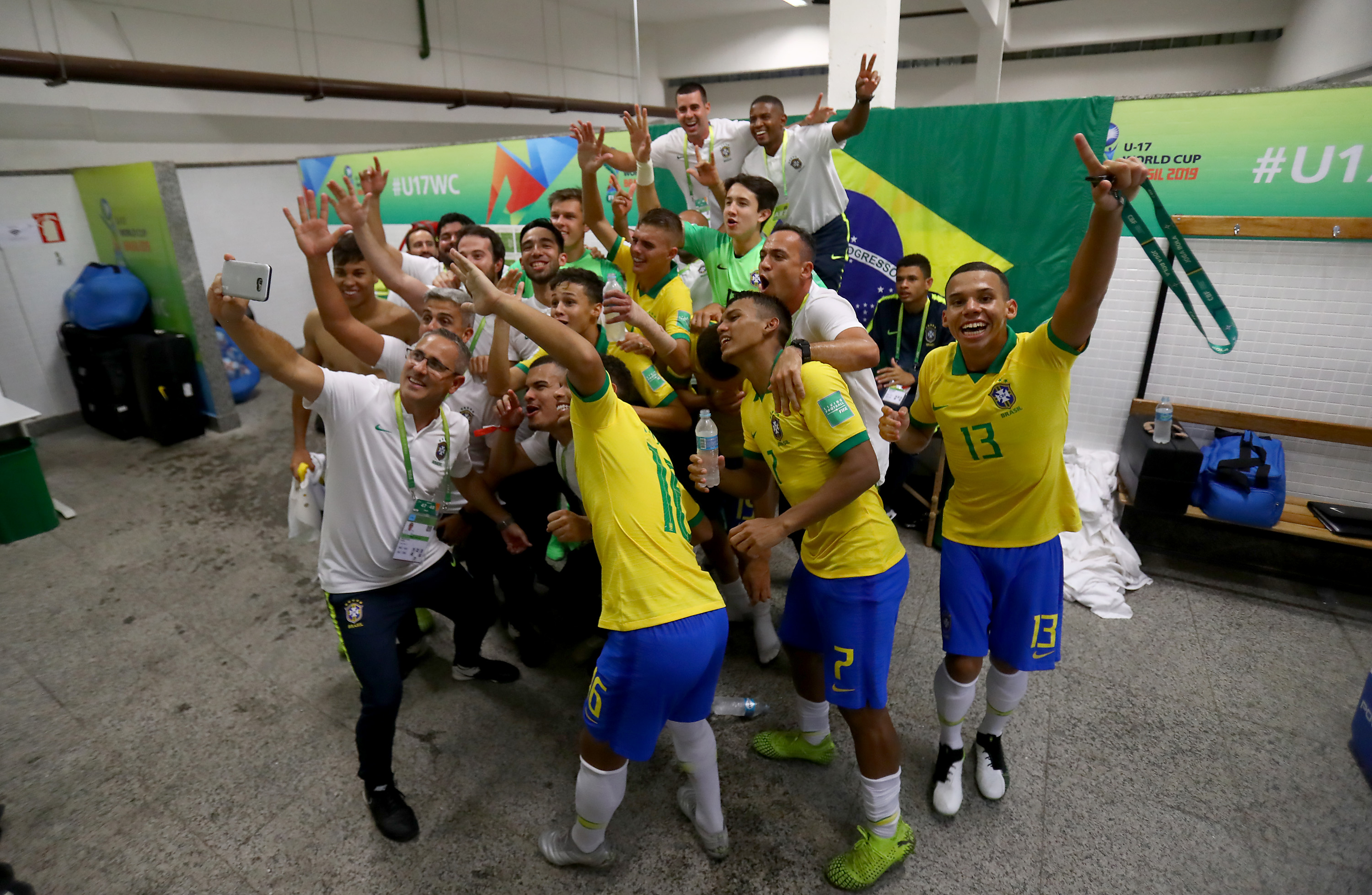 GOIANIA, BRAZIL - NOVEMBER 11: The team of Brazil celebrate after the FIFA U-17 World Cup Brazil 2019 quarter final match between Italy and Brazil at Estadio Olimpico de Goias on November 11, 2019 in Goiania, Brazil. (Photo by Martin Rose - FIFA/FIFA via Getty Images)