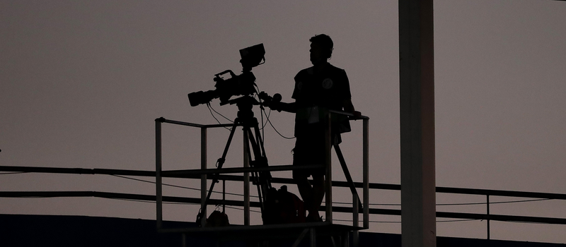 GETAFE, SPAIN - JUNE 29: A camera operator is seen in the stand during the Liga match between Getafe CF and Real Sociedad at Coliseum Alfonso Perez on June 29, 2020 in Getafe, Spain. (Photo by Gonzalo Arroyo Moreno/Getty Images)