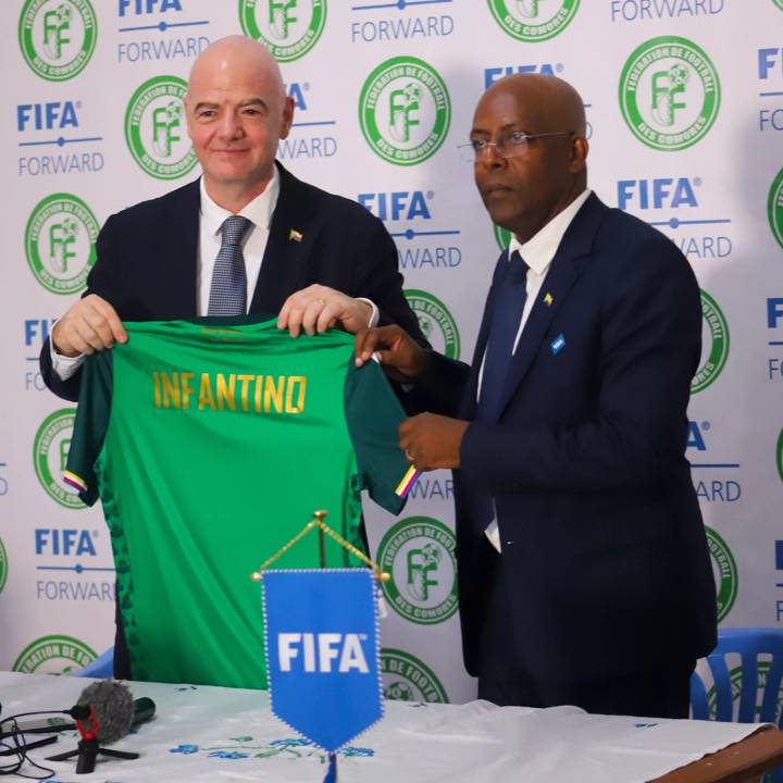 MITSAMIOULI, COMOROS - APRIL 13:  FIFA President Gianni Infantino and Said Athouman, Comoran Football Association President during the FIFA president visit to Comoros and Inauguration Ceremony of the new synthetic pitch at Mitsamiouli on April 13, 2023 in Comoros. Photo by Mussie Girmay