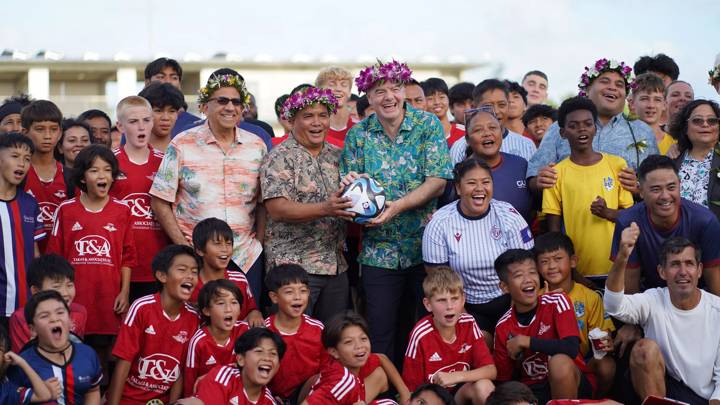 BARRIGADA, GUAM - DECEMBER 03: A group photo during the FIFA President Gianni Infantino visit to Guam at Guam Football Association Headquarters on December 03, 2023 in Barrigada, Guam. (Photo by Jacques Masangkay/FIFA)