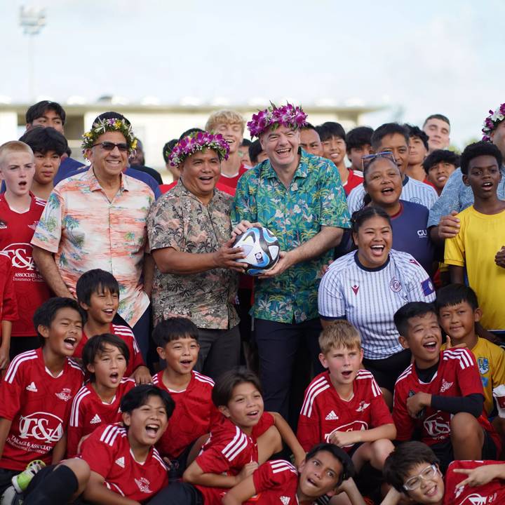 BARRIGADA, GUAM - DECEMBER 03: A group photo during the FIFA President Gianni Infantino visit to Guam at Guam Football Association Headquarters on December 03, 2023 in Barrigada, Guam. (Photo by Jacques Masangkay/FIFA)