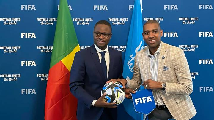 FRANCE, PARIS - MARCH 11: Benin Sport Minister Benoît M. K. Dato and FIFA Member Associations Director Africa Gelson Fernandes pose for a photo during a meeting at FIFA Paris Offices on March 11, 2024 in Paris, France. (Photo by FIFA)