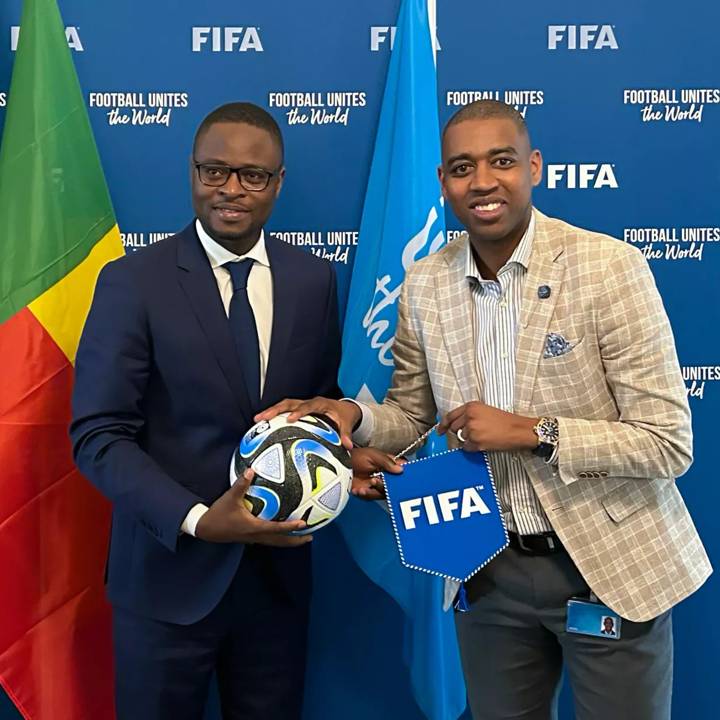 FRANCE, PARIS - MARCH 11: Benin Sport Minister Benoît M. K. Dato and FIFA Member Associations Director Africa Gelson Fernandes pose for a photo during a meeting at FIFA Paris Offices on March 11, 2024 in Paris, France. (Photo by FIFA)