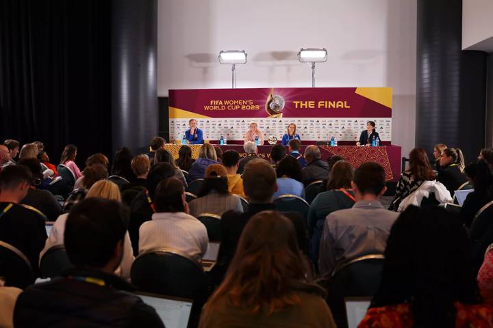 Millie Bright of England and Sarina Wiegman, Head Coach of England, speak to the media during an England Press Conference 