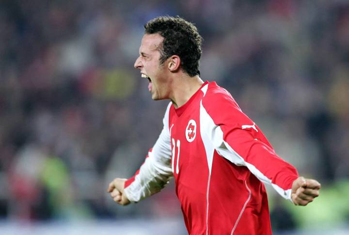 Marco Streller celebrates scoring for Switzerland against Turkey in 2005