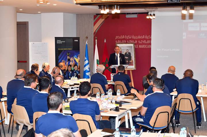 Fouzi Lekjaa, President of the Royal Moroccan Football Federation delivers speech at the FIFA Talent Development Scheme workshop