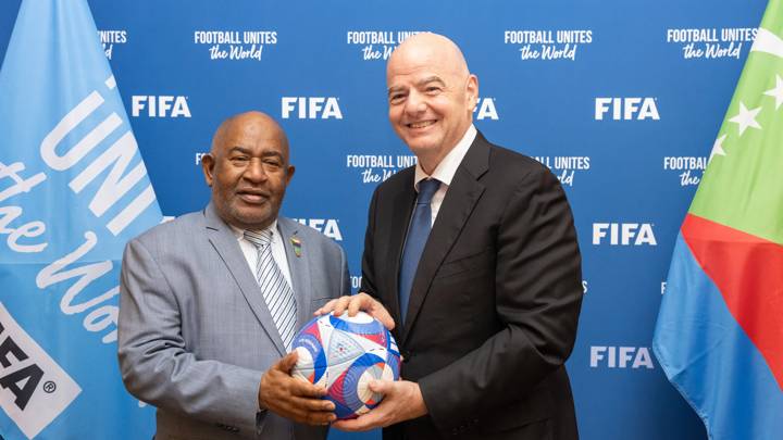 PARIS, FRANCE - JULY 27: FIFA President Gianni Infantino meets with President of Comoros Azali Assoumani at FIFA's Paris office on July 27, 2024 in Paris, France. (Photo by Léo-Paul Ridet/FIFA)