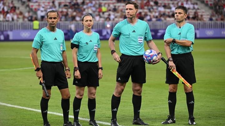 NICE, FRANCE - JULY 25: Referee Ramon Abatti and his assistants during the Women's group B match between United States and Zambia during the Olympic Games Paris 2024 at Stade de Nice on July 25, 2024 in Nice, France. (Photo by Stuart Franklin - FIFA/FIFA via Getty Images)