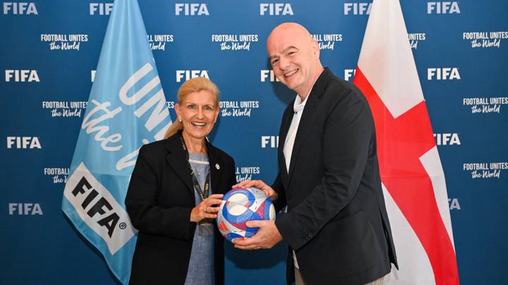 PARIS, FRANCE - AUGUST 10: FIFA President Gianni Infantino and FIFA Vice-President and Chairwoman of the Football Association Debbie Hewitt pose with official match ball during a meeting between FIFA and the Football Association Chairwoman on August 10, 2024 in Paris, France. (Photo by Harold Cunningham/FIFA)