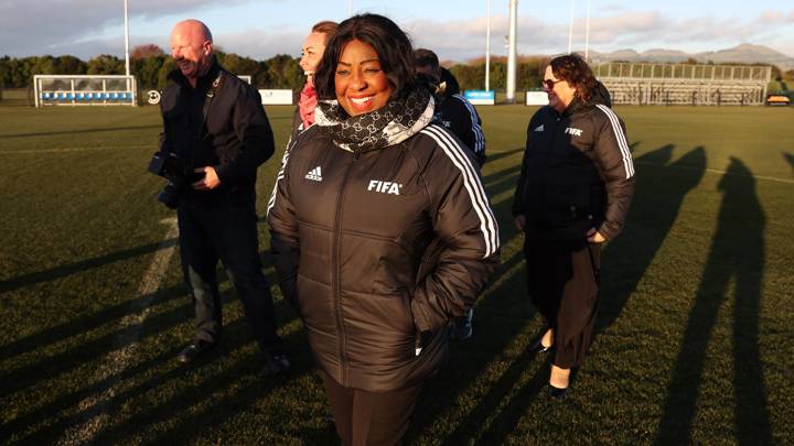 CHRISTCHURCH, NEW ZEALAND - JUNE 16: FIFA Secretary General Fatma Samoura visits the team base camp for Costa Rica at  Nga Puna Wai Sports Hub on June 16, 2023 in Christchurch, New Zealand. (Photo by Fiona Goodall - FIFA/FIFA via Getty Images)