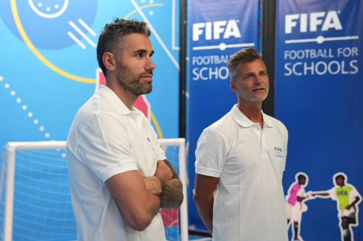 Legends Valon Behrami and Alain Sutter attend the Football for Schools Activities