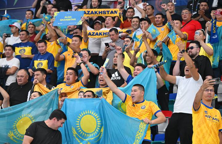 ANDIZHAN, UZBEKISTAN - SEPTEMBER 15: Fans of Kazakhstan show support for their team prior to the FIFA Futsal World Cup Uzbekistan 2024 match between Spain and Kazakhstan at Andijan Universal Sports Complex on September 15, 2024 in Andizhan, Uzbekistan. (Photo by Anvar Ilyasov - FIFA/FIFA via Getty Images)