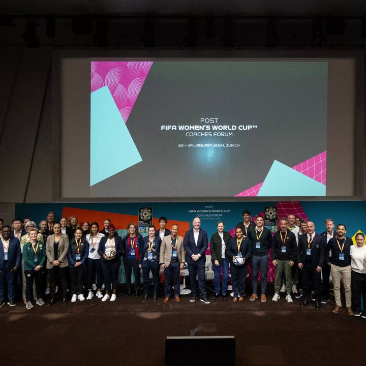 ZURICH, SWITZERLAND - JANUARY 23: A group photo during the Post FIFA Women's World Cup Coaches Forum at HoF, Home of FIFA on January 23, 2024 in Zurich, Switzerland. (Photo by Harold Cunningham/FIFA)