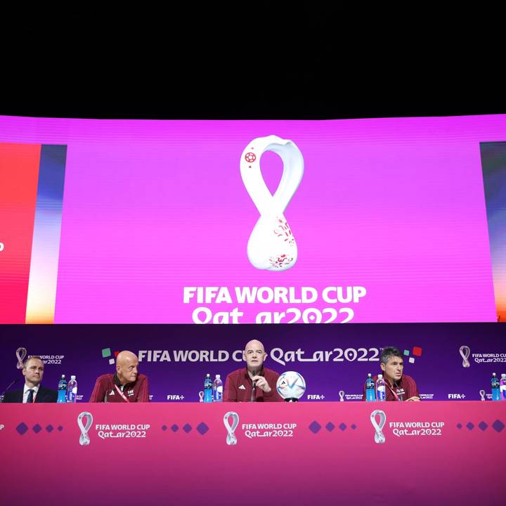 DOHA, QATAR - NOVEMBER 18: (L-R)  FIFA Director of Technology Johannes Holzmueller, Chairman of the FIFA Referees Committee, Pierluigi Collina, FIFA President Gianni Infantino and FIFA Director Refereeing Massimo Busacca attend the Referees Media Day ahead of the official start of FIFA World Cup Qatar 2022 at Qatar Sports Club on November 18, 2022 in Doha, Qatar. (Photo by Gonzalo Arroyo - FIFA/Getty Images)