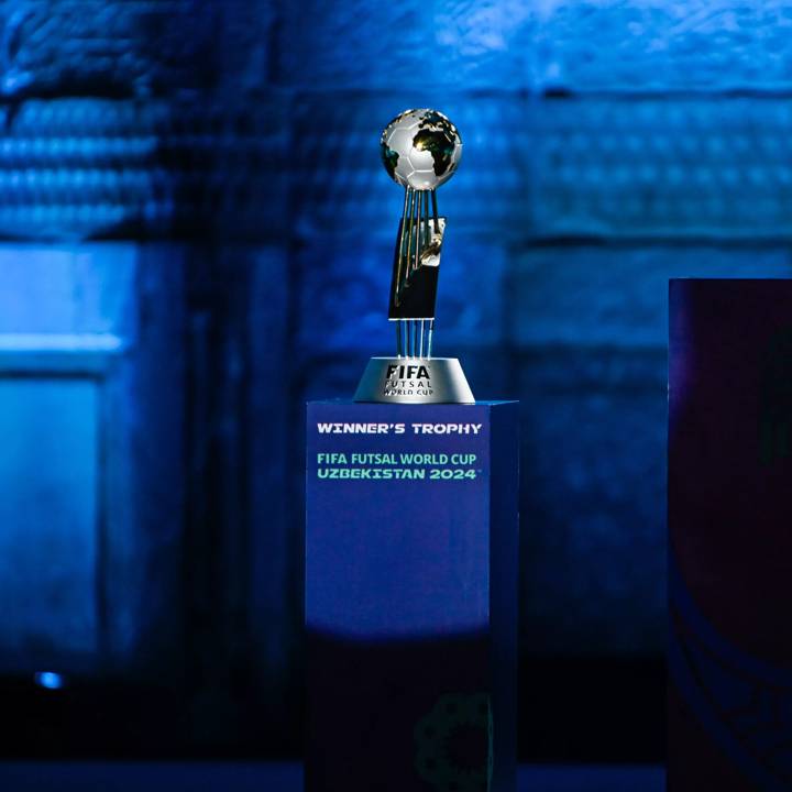 SAMARKAND, UZBEKISTAN - MAY 26: FIFA Futsal World Cup Uzbekistan 2024 Winner's Trophy during the FIFA Futsal World Cup Uzbekistan 2024 draw at Registan Square on May 26, 2024 in Samarkand, Uzbekistan. (Photo by Islom Ruziev/UFA)