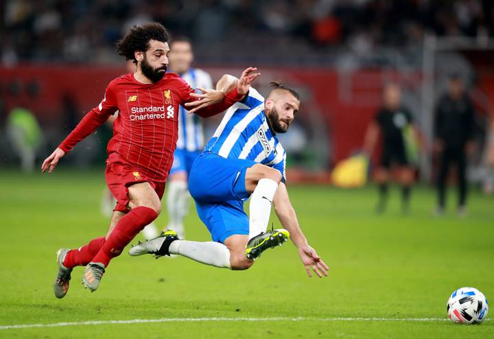 Monterrey’s Nico Gonzalez and Liverpool’s Mo Salah compete for possession at Qatar 2019.