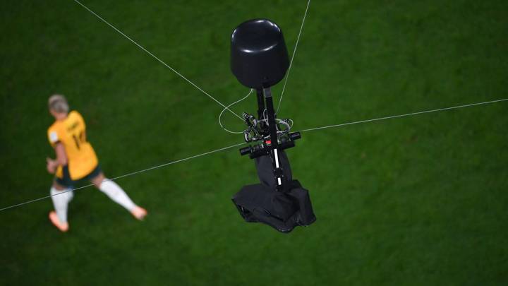 A Spidercam is seen during the Australia and New Zealand 2023 Women's World Cup Group B football match between Australia and Ireland at Stadium Australia, also known as Olympic Stadium, in Sydney on July 20, 2023. (Photo by FRANCK FIFE / AFP) (Photo by FRANCK FIFE/AFP via Getty Images)