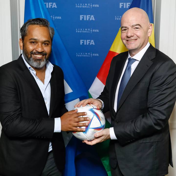 PARIS, FRANCE – May 27: FIFA President Gianni Infantino (R) with Seychelles Football Federation President Elvis Chetty during FIFA President Gianni Infantino visit to Paris Office on May 27, 2022 in Paris, France. (Photo by Julien Hekimian/FIFA)