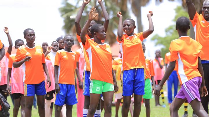 Local youngsters celebrate during the FIFA Women's Football Campaign, Yumbe, Uganda.