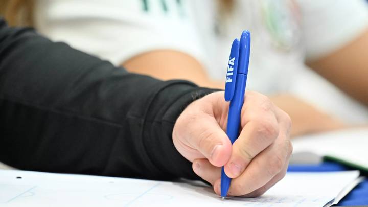 SAN JOSE, COSTA RICA - AUGUST 25: A view of FIFA branded pen during the FIFA Talent Development Scheme Knowledge Exchange Workshop aside the FIFA U-20 Women's World Cup 2022 at Hilton Garden Inn on August 25, 2022 in San Jose, Costa Rica. (Photo by Harold Cunningham/FIFA)