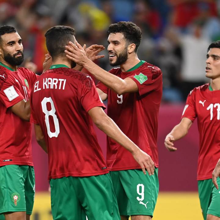 AL WAKRAH, QATAR - DECEMBER 01: Oualid Azaro of Morocco celebrates with teammates after scoring a goal which is later disallowed following a VAR review during the FIFA Arab Cup Qatar 2021 Group C match between Morocco and Palestine at Al Janoub Stadium on December 01, 2021 in Al Wakrah, Qatar. (Photo by Michael Regan - FIFA/FIFA via Getty Images)