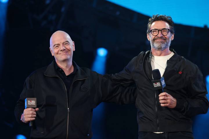 NEW YORK, NEW YORK - SEPTEMBER 28: Gianni Infantino and Hugh Jackman speak onstage during the Global Citizen Festival 2024 in Central Park on September 28, 2024 in New York City. (Photo by Kevin Mazur/Getty Images for Global Citizen)