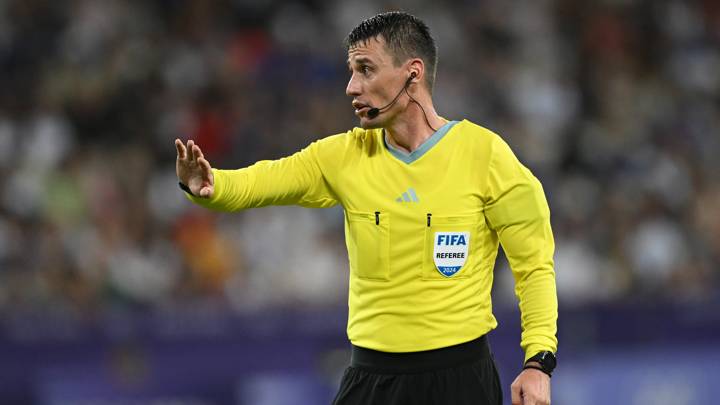 NICE, FRANCE - JULY 27: Referee Ilgiz Tantashev gestures during the Men's group A match between France and Guinea during the Olympic Games Paris 2024 at Stade de Nice on July 27, 2024 in Nice, France. (Photo by Stuart Franklin - FIFA/FIFA via Getty Images)