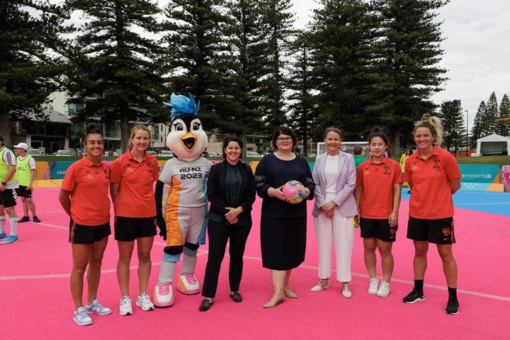 Dignitaries and Adelaide United players at the  FIFA Women’s World Cup Unity pitch in Adelaide/Tarntanya. 