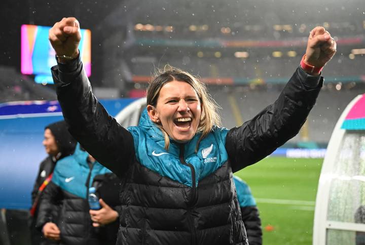 Jitka Klimkova, Head Coach of New Zealand, celebrates the team's 1-0 victory in the FIFA Women's World Cup Australia & New Zealand 2023 Group A match between New Zealand and Norway at Eden Park