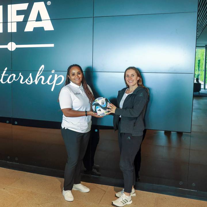 LISBON, PORTUGAL - MAY 23: Emma Evans  Womens Football Manager at Oceania Football Confederation (L) Meskerem Goshime - Head of Women's Football · Confederation Africaine de Football (CAF) (R) poses for a photography during the FIFA Coach Mentorship programme workshop at Cidade de Futebol on May 23, 2023 in Lisbon, Portugal. (Photo by Carlos Rodrigues/FIFA/Getty Images)