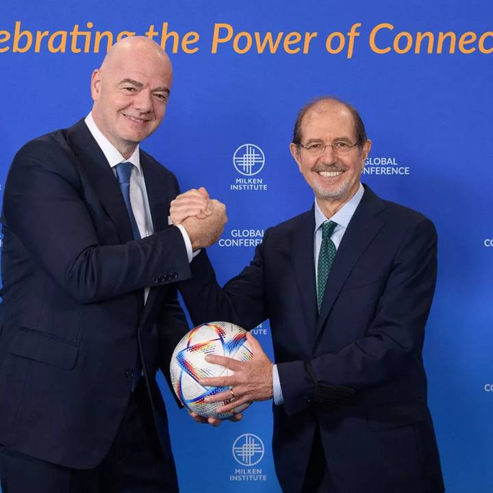 BEVERLY HILLS, CALIFORNIA - MAY 02: FIFA President Gianni Infantino and Algorand Founder Silvio Micali at the 25th Annual Milken Institute Global Conference "Managing the Beautiful Game" conversation on May 2, 2022 in Beverly Hills, California. (Photo by Unknown)