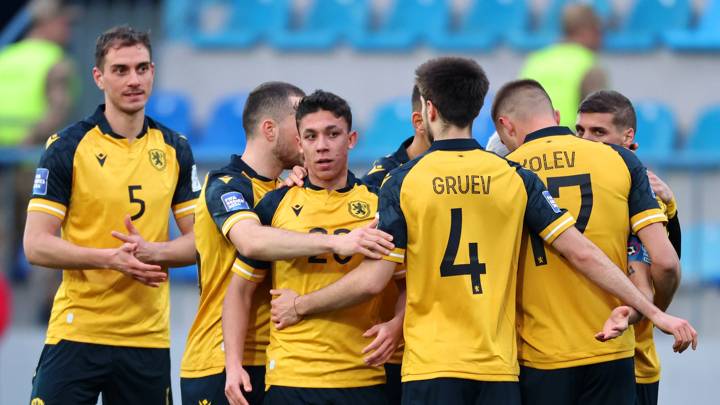 BAKU, AZERBAIJAN - MARCH 22: Players of Bulgaria celebrate during the FIFA Series 2024 Azerbaijan match between Tanzania and Bulgaria at Dalga Arena on March 22, 2024 in Baku, Azerbaijan. (Photo by FIFA/FIFA via Getty Images)