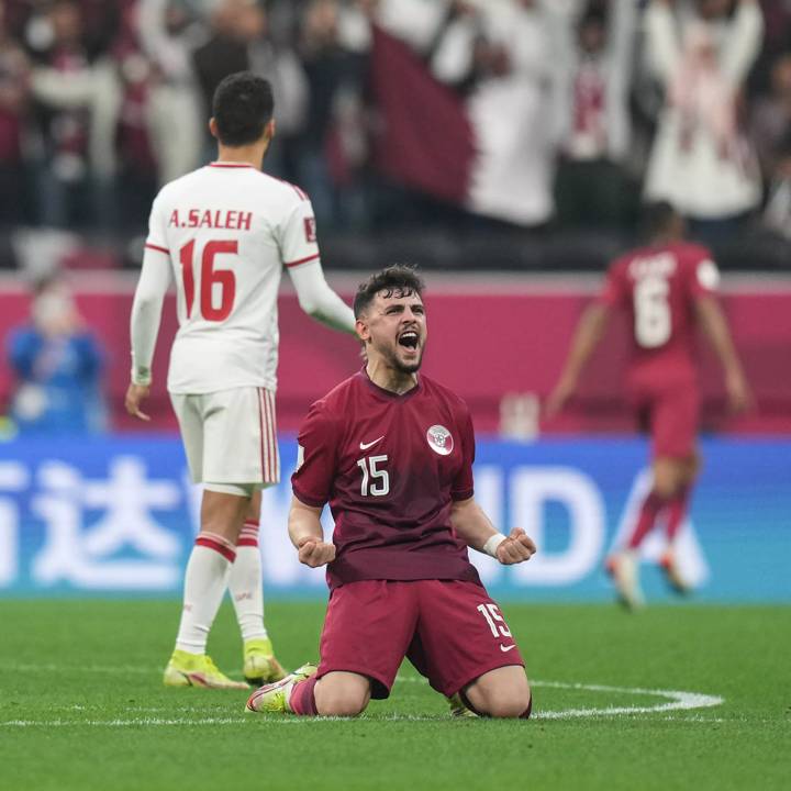 Qatar's Basham Hisham celebrates during the FIFA Arab Cup quarter-final against UAE.