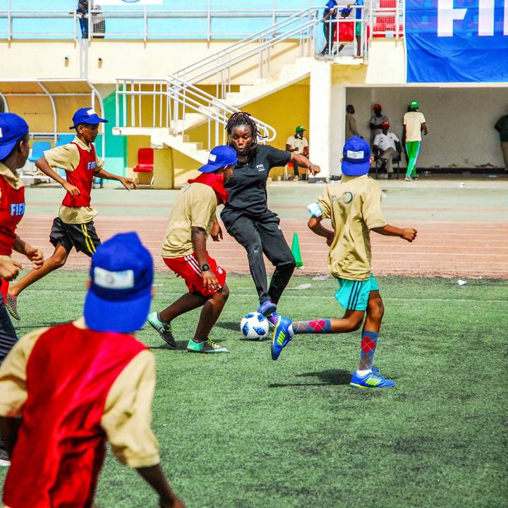 DjIBOUTI CITY, DJIBOUTI – MAY 12: FIFA Legend and Cote d’Ivoire WNT head coach Clémentine Touré and Students participate in a training session during FIFA Football 4 Schools on May 12, 2022 in Djibouti City, Djibouti. (Photo by Segun Ogunfeyitimi - FIFA/FIFA via APO)