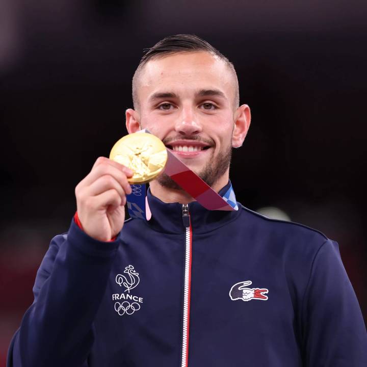 French Karateka Steven da Costa, winner of the Gold Medal in the men's 67 kg event at the 2020 Summer Olympics held in Tokyo, Japan.