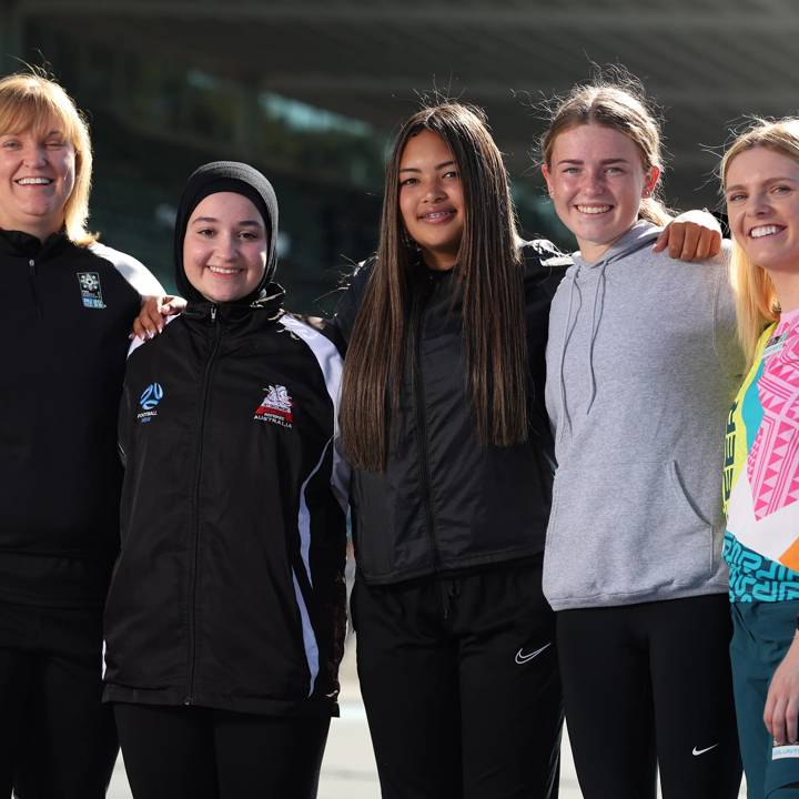 SYDNEY, AUSTRALIA - JULY 27: Renae Coghill, Football Australia's Elite Refereeing Coach, Aaliyah Elzein, Makaylah Cuevas, Olivia Chivers and Emma Kocbek, Community Football Referees Coordinator, pose for a photograph during a Referees' Media Day at Sydney Olympic Park Athletic Centre on July 27, 2023 in Sydney / Gadigal, Australia. (Photo by Mark Metcalfe - FIFA/FIFA via Getty Images)