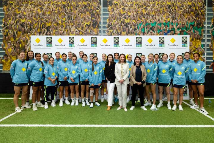 CommBank Matildas join Monique Macleod (CommBank), Jane Fernandez (FIFA), Sarah Walsh (Football Australia)