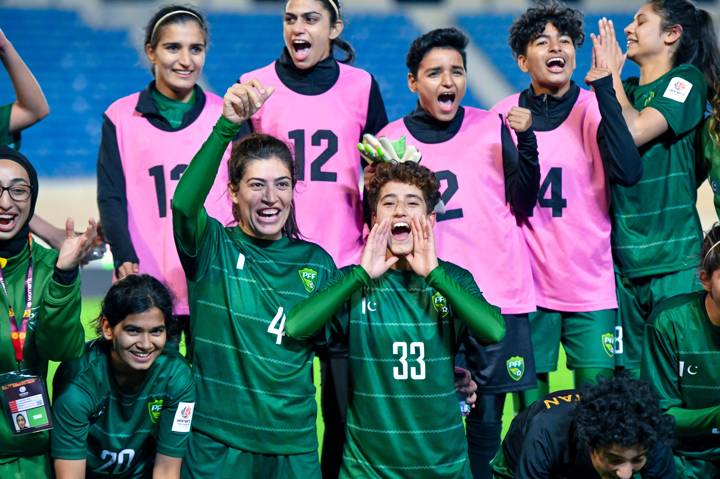 Pakistan players celebrate after defeating Comoros by 1-0 in the opener in the 2023 Four-nation Cup